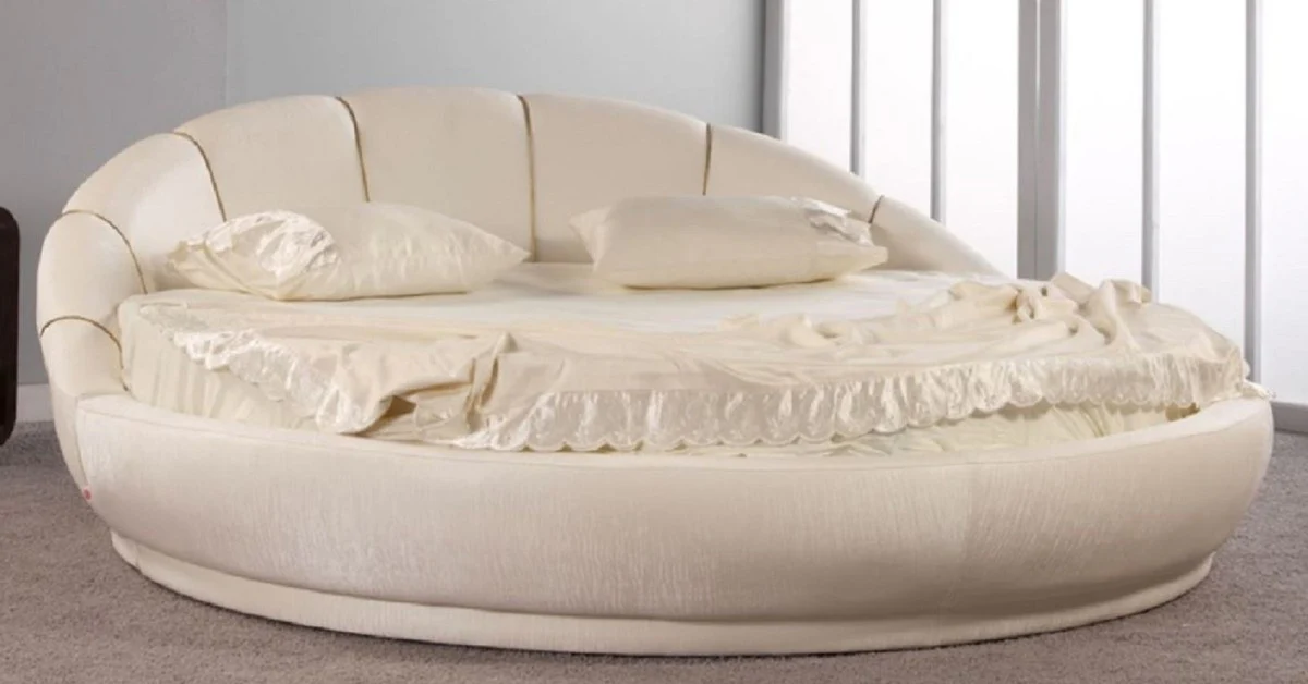 Luxus Rundbett Cremefarben Ø 240 x H. 90 cm - Rundes Doppelbett mit Matratze - Luxus Schlafzimmer Möbel