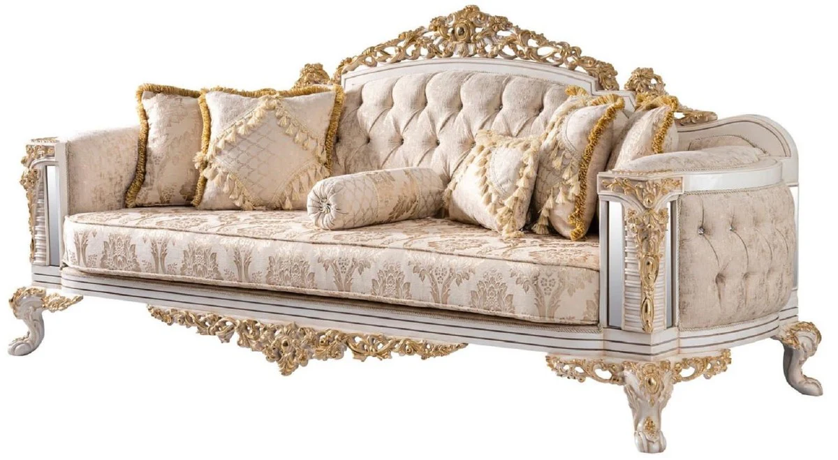 Luxus Barock Wohnzimmer Set Beige / Weiß / Gold - 2 Barock Sofas & 2 Barock Sessel & 1 Barock Couchtisch - Luxus Wohnzimmer Möbel im Barockstil - Barock Möbel - Edel & Prunkvoll