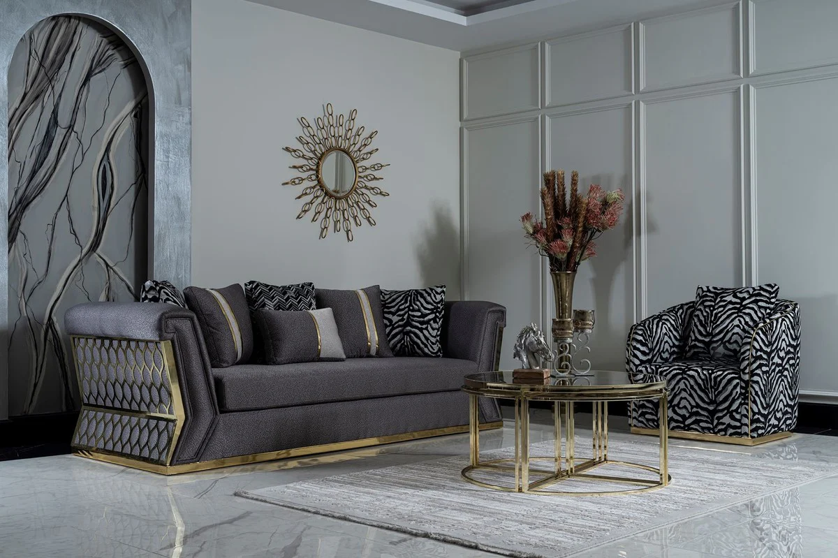 Luxus Sofa Dunkelgrau / Gold - Elegantes Wohnzimmer Sofa mit dekorativen Kissen - Luxus Wohnzimmer Möbel
