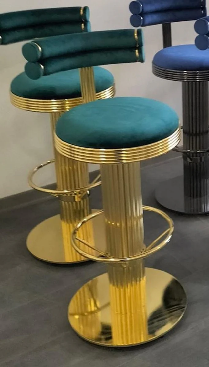Luxus Samt Barstuhl Grün / Gold H. 96 cm - Hotel & Bar Möbel