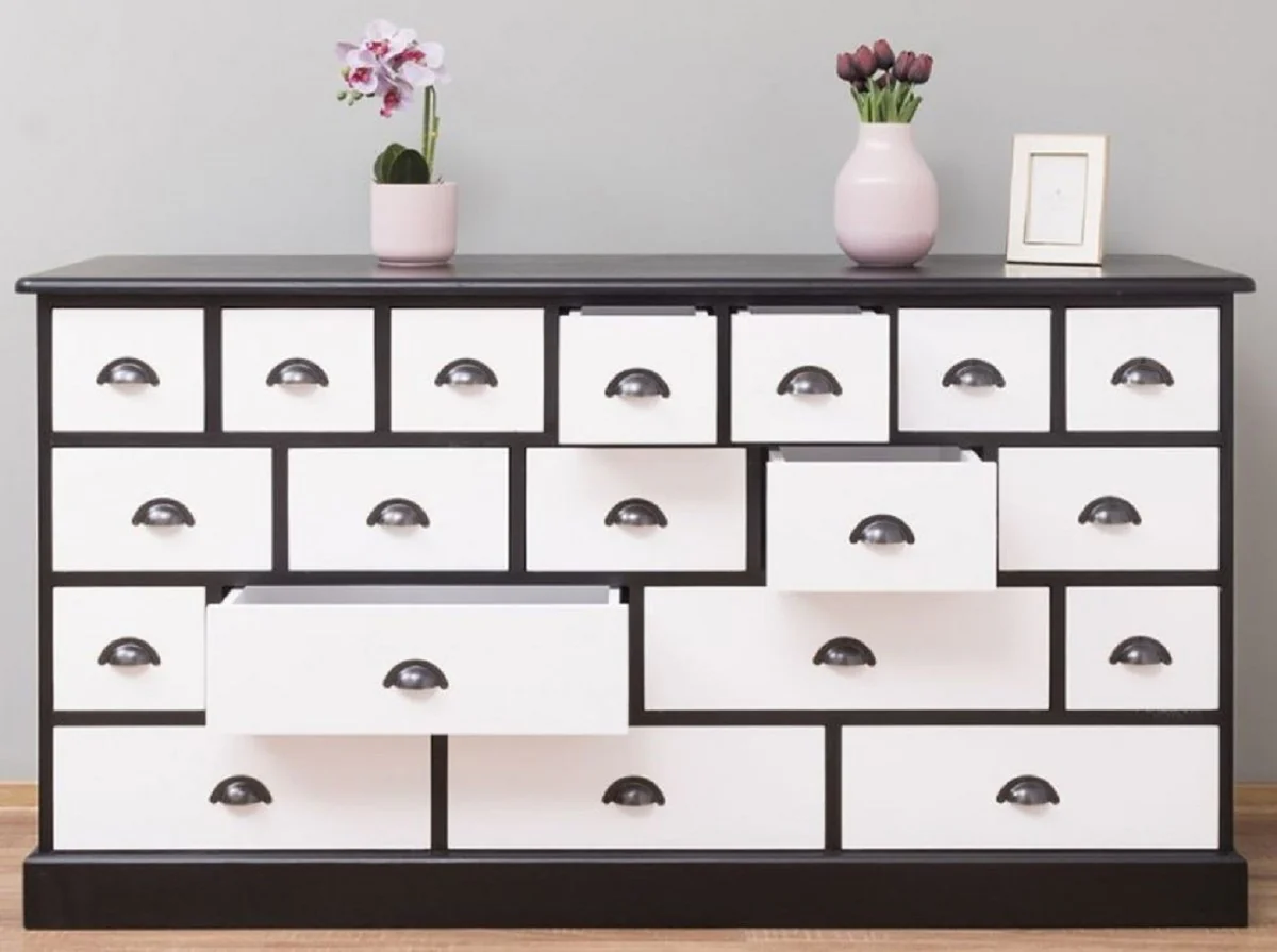 Landhausstil Kommode Schwarz / Weiß 180 x 48 x H. 95 cm - Massivholz Schrank mit 19 Schubladen - Landhausstil Möbel - Möbel im Landhausstil - Landhausstil Einrichtung