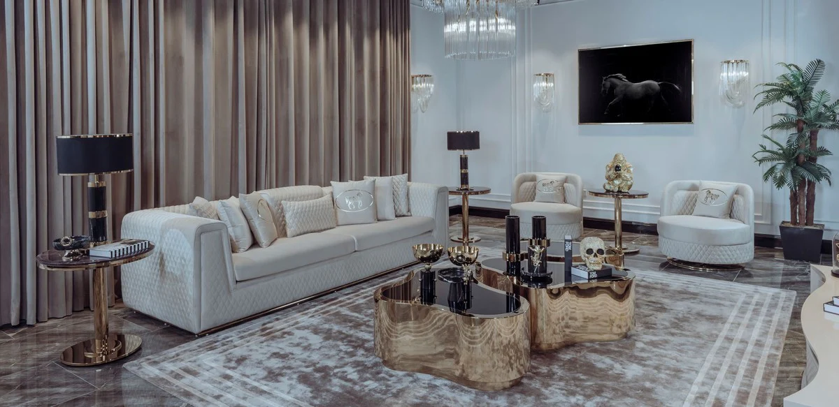 Luxus Wohnzimmer & Hotel Sofa Creme / Gold 260 cm