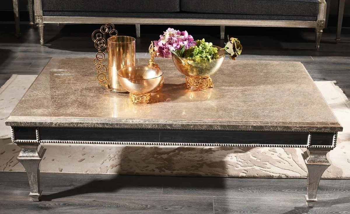 Luxus Barock Couchtisch Antik Silber 140 x 90 x H. 45 cm - Edler Massivholz Wohnzimmertisch mit Spiegelglas - Luxus Qualität