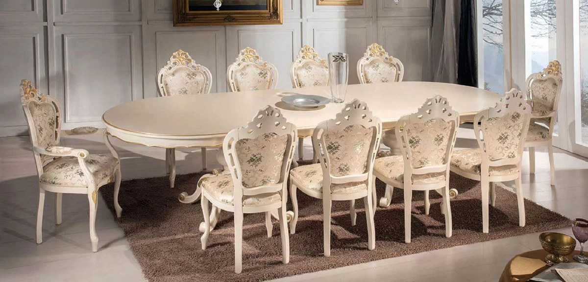 Luxus Barock Esszimmer Set Elfenbein / Mehrfarbig / Gold - 1 Esstisch 350 cm & 10 Esszimmer Stühle - Barock Möbel