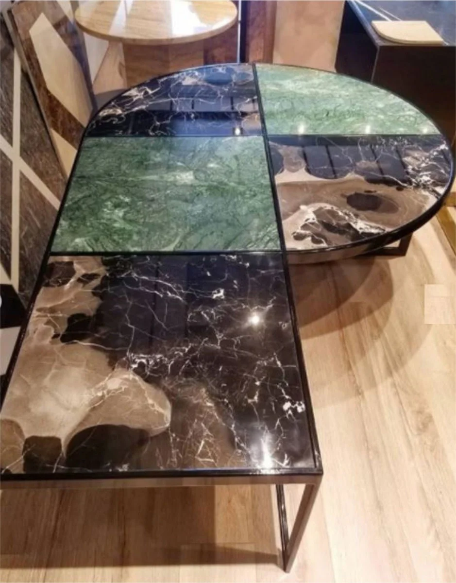 Luxus Couchtisch Grün / Braun / Schwarz 135 x 90 x H. 40 cm - Moderner Wohnzimmertisch mit Marmorplatten - Luxus Wohnzimmer Möbel