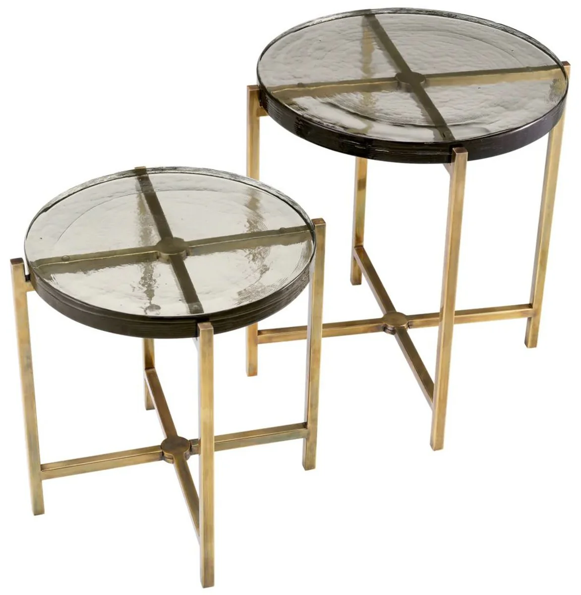 Luxus Beistelltisch Set Vintage Messing - 2 runde Edelstahl Tische mit Glasplatte - Wohnzimmer Möbel - Hotel Möbel - Luxus Möbel - Luxus Einrichtung - Möbel Luxus