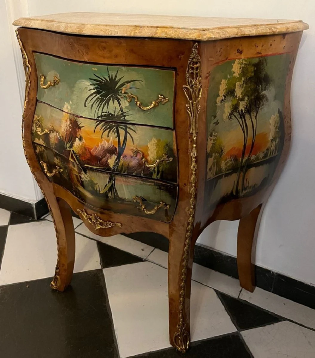 Barock Kommode Braun / Mehrfarbig / Creme - Handgefertigte Barockstil Nachtkommode mit Marmorplatte und 3 Schubladen - Barock Möbel - Schlafzimmer Möbel im Barockstil