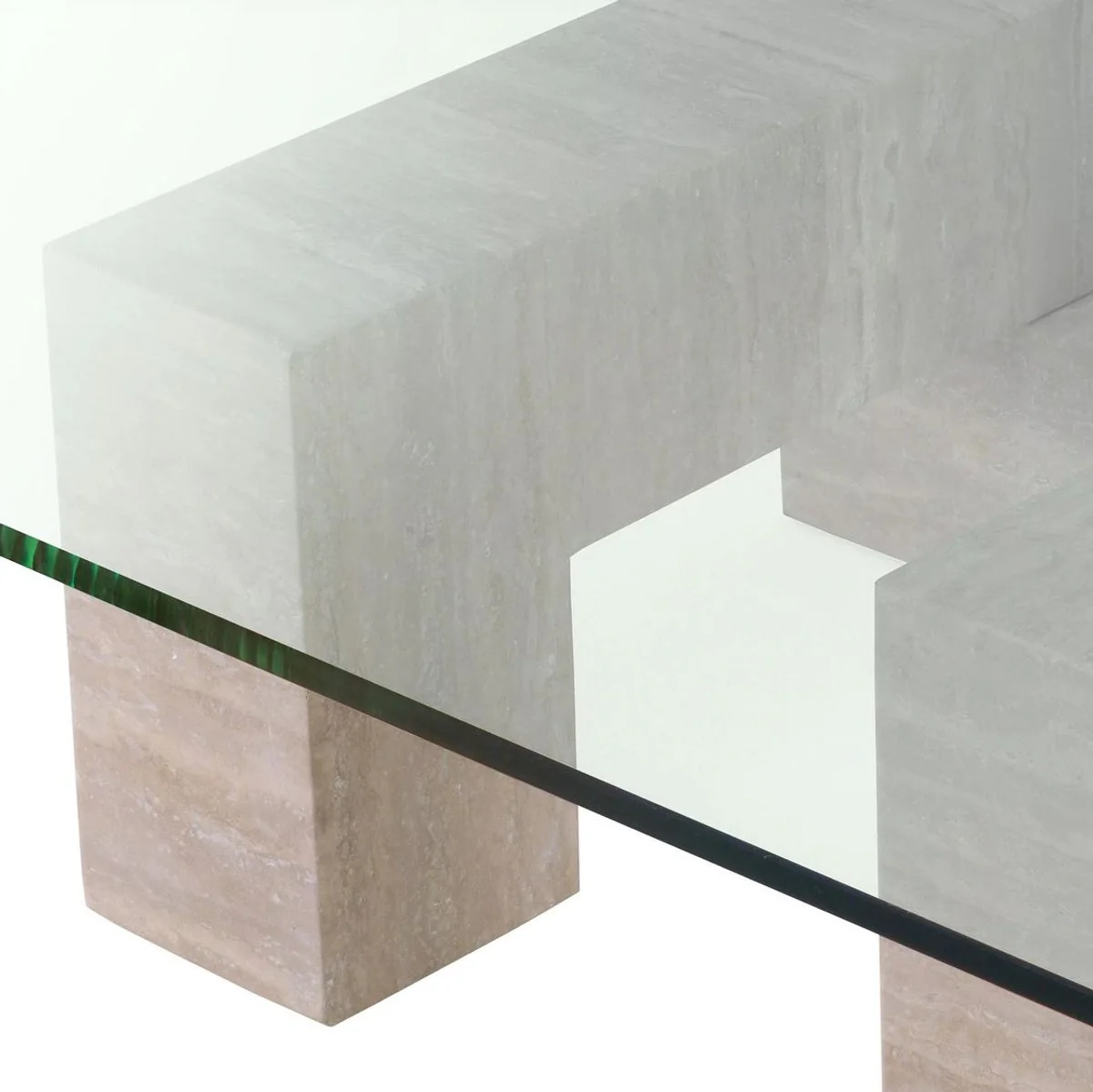 Luxus Travertin Couchtisch Beige 100 x 100 x H. 32 cm - Quadratischer Naturstein Wohnzimmertisch mit Glasplatte - Wohnzimmer Möbel - Luxus Möbel - Luxus Einrichtung