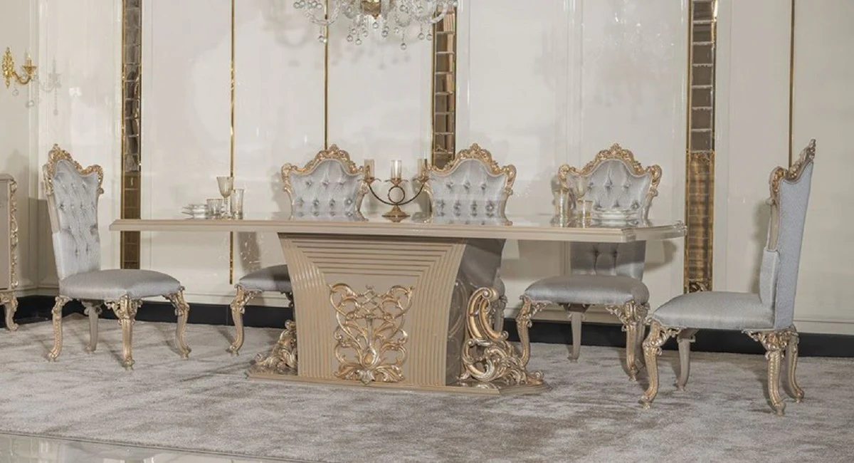 Luxus Barock Esszimmer Set Silber / Grau / Gold - 1 Barock Esstisch & 8 Barock Esszimmerstühle
