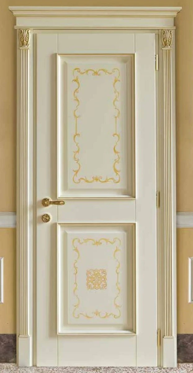 Luxus Barock Wohnungstür Creme / Gold - Prunkvolle Massivholz Tür mit Rahmen - Luxus Möbel im Barockstil - Hotel Möbel - Barock Möbel - Luxus Qualität - Made in Italy