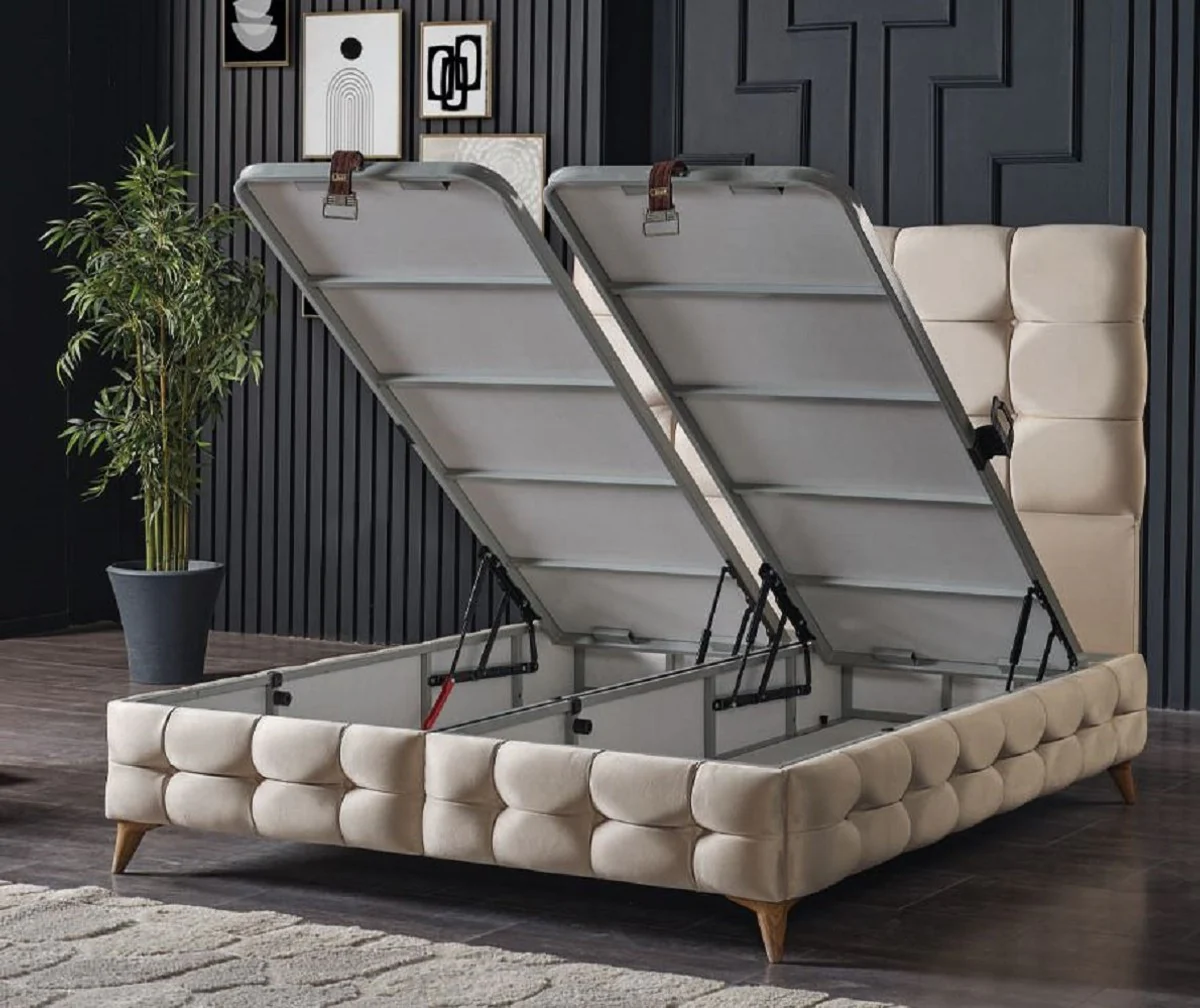 Luxus Doppelbett Creme / Weiß / Braun 180 x 200 cm - Massivholz Bett mit Kopfteil und Matratze - Schlafzimmer Möbel - Hotel Möbel - Luxus Möbel - Luxus Einrichtung