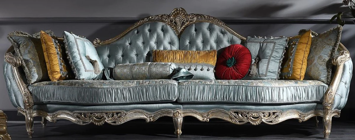 Luxus Barock Sofa Türkis / Silber / Gold 310 x 99 x H. 113 cm - Prunkvolles Chesterfield Wohnzimmer Sofa im Barockstil