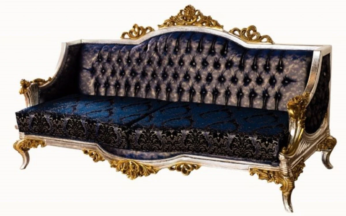 Luxus Barock Sofa Royalblau / Schwarz / Silber / Gold - Prunkvolles Wohnzimmer Sofa mit elegantem Muster - Barock Wohnzimmer Möbel