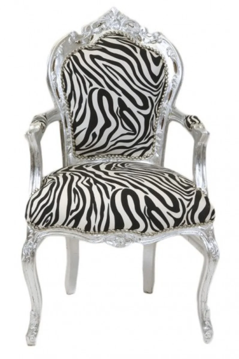Barock Esszimmer Stuhl Zebra / Silber mit Armlehnen