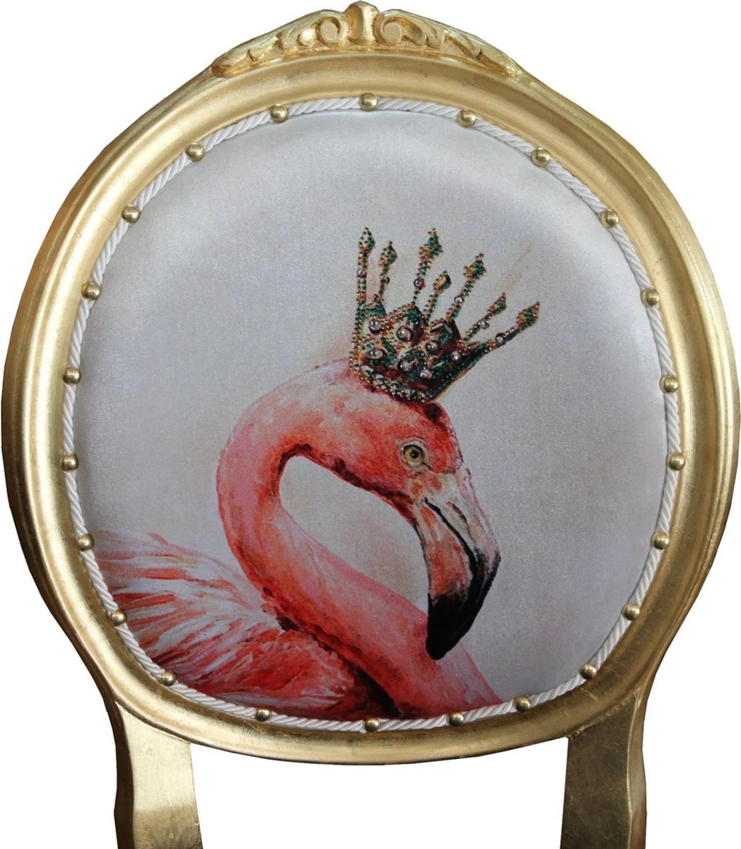 Luxus Barock Esszimmer Set Flamingo mit Krone Gold / Schwarz / Mehrfarbig 48 x 50 x H. 98 cm - 4 handgefertigte Esszimmerstühle mit Bling Bling Glitzersteinen - Barock Esszimmermöbel