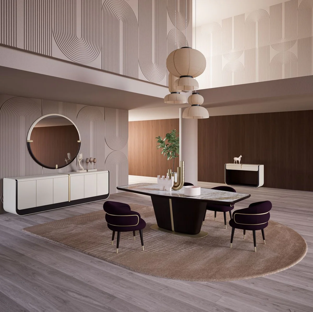 Luxus Esszimmer Stuhl 8er Set Lila / Schwarz / Beige - Küchen Stühle mit Armlehnen - Esszimmer Möbel - Restaurant Möbel - Hotel Möbel - Luxus Möbel