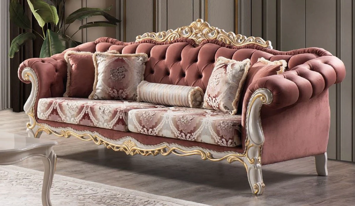 Luxus Barock Sofa Rot / Weiß / Gold - Prunkvolles Wohnzimmer Sofa mit elegantem Muster und dekorativen Kissen - Wohnzimmer Möbel im Barockstil