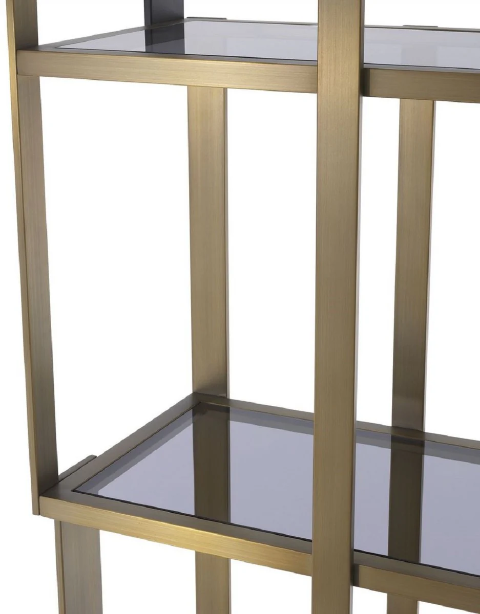 Luxus Regalschrank Messing / Mattschwarz / Grau 100 x 37 x H. 240,5 cm - Edelstahl Schrank mit 5 Glasregalen - Wohnzimmerschrank - Büroschrank - Luxus Möbel