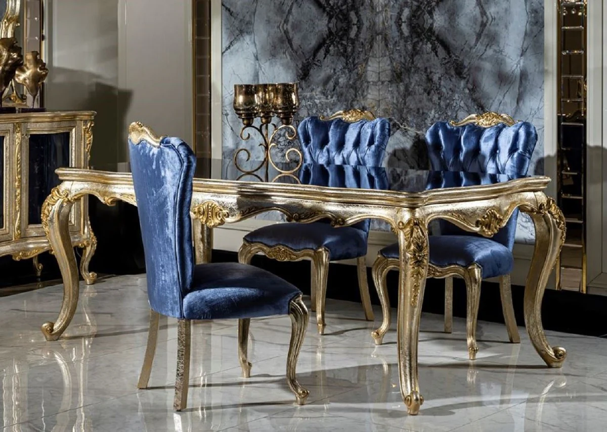 Luxus Barock Esszimmer Set Blau / Silber / Gold - 1 Esstisch & 6 Esszimmerstühle - Barock Esszimmer Möbel - Edel & Prunkvoll