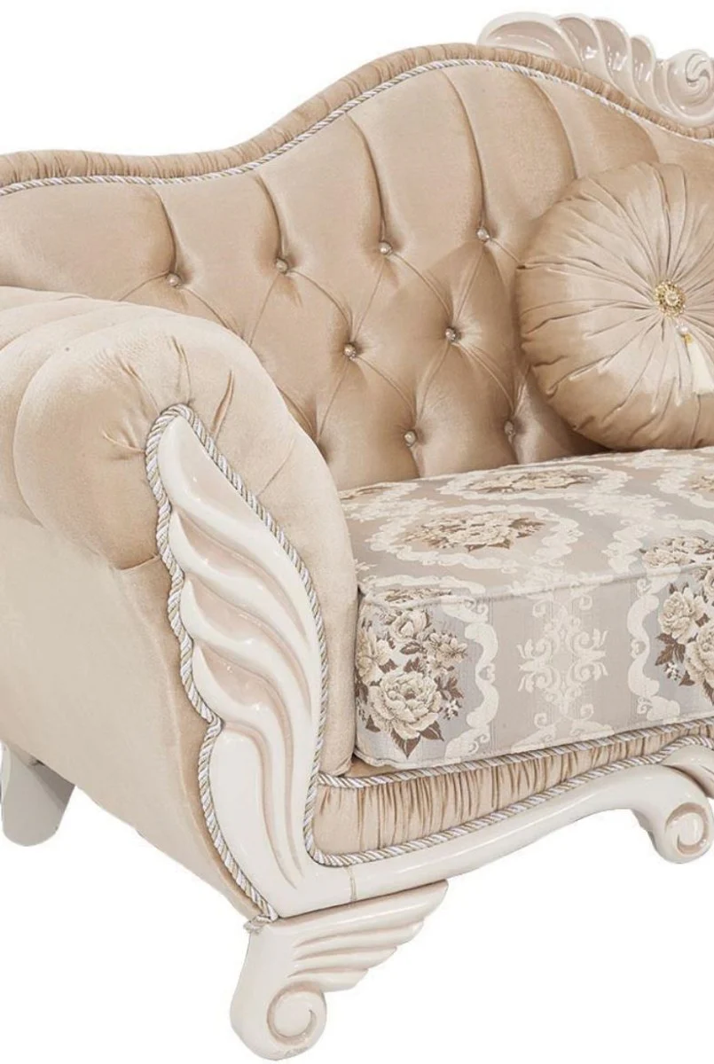 Luxus Barock Wohnzimmer Set Beige / Weiß - 2 Sofas & 2 Sessel & 1 Hocker - Wohnzimmer Möbel im Barockstil - Edel & Prunkvoll