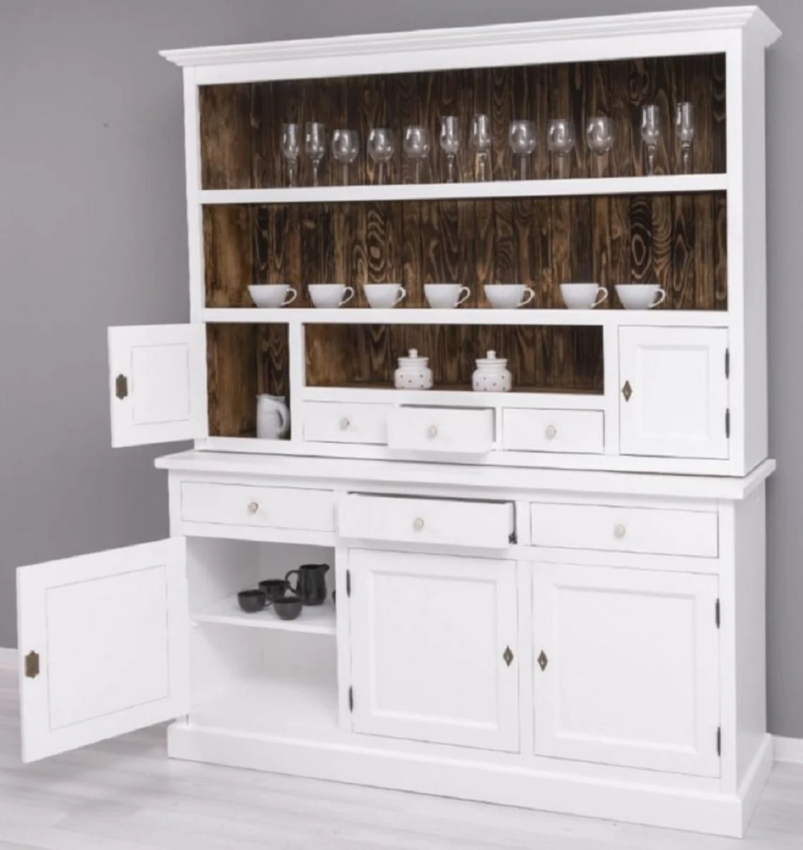 Landhausstil Esszimmerschrank Weiß / Dunkelbraun 179 x 50 x H. 210 cm - Massivholz Küchenschrank - Esszimmer Möbel im Landhausstil - Landhausstil Esszimmer Einrichtung