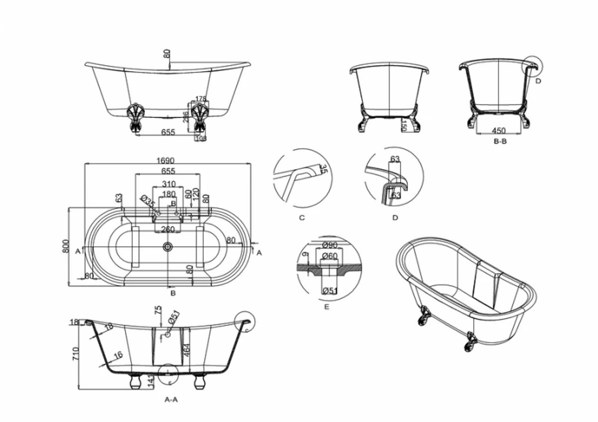 Jugendstil Badewanne Naturstein freistehend 1700mm BCha Weiß - Freistehende Retro Antik Badewanne
