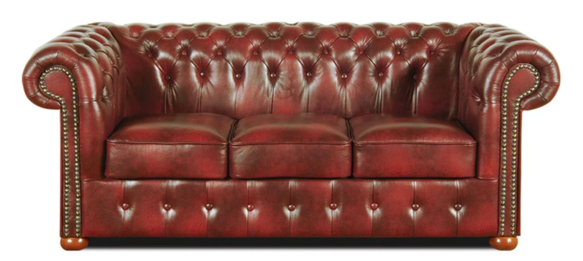 Chesterfield Wohnzimmer 3er Set Weinrot - Luxus Echtleder Möbel