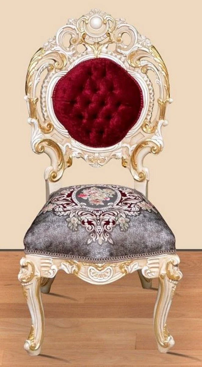 Barock Esszimmer Set Bordeauxrot / Grau / Weiß / Gold - 1 runder Esstisch & 4 Esszimmerstühle - Prunkvolle Esszimmer Möbel im Barockstil