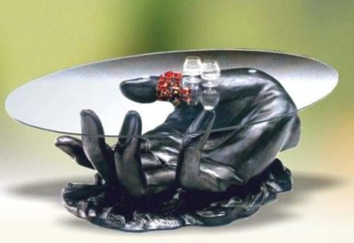 Designer Couchtisch Hand Schwarz 89 x 60 x H. 43,5 cm - Wohnzimmertisch mit ovaler Glasplatte - Designer Wohnzimmer Möbel