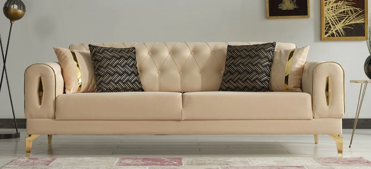 Luxus Schlafsofa Beige / Gold 225 x 95 x H. 83 cm - Wohnzimmer Sofa mit 4 Kissen - Luxus Wohnzimmer Möbel