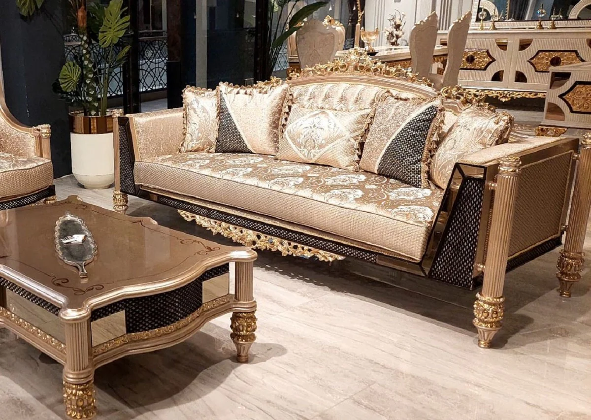 Luxus Barock Wohnzimmer Sofa Gold / Schwarz / Grau / Gold - Handgefertigtes Barockstil Sofa - Luxus Wohnzimmer Möbel im Barockstil - Barock Möbel - Edel & Prunkvoll