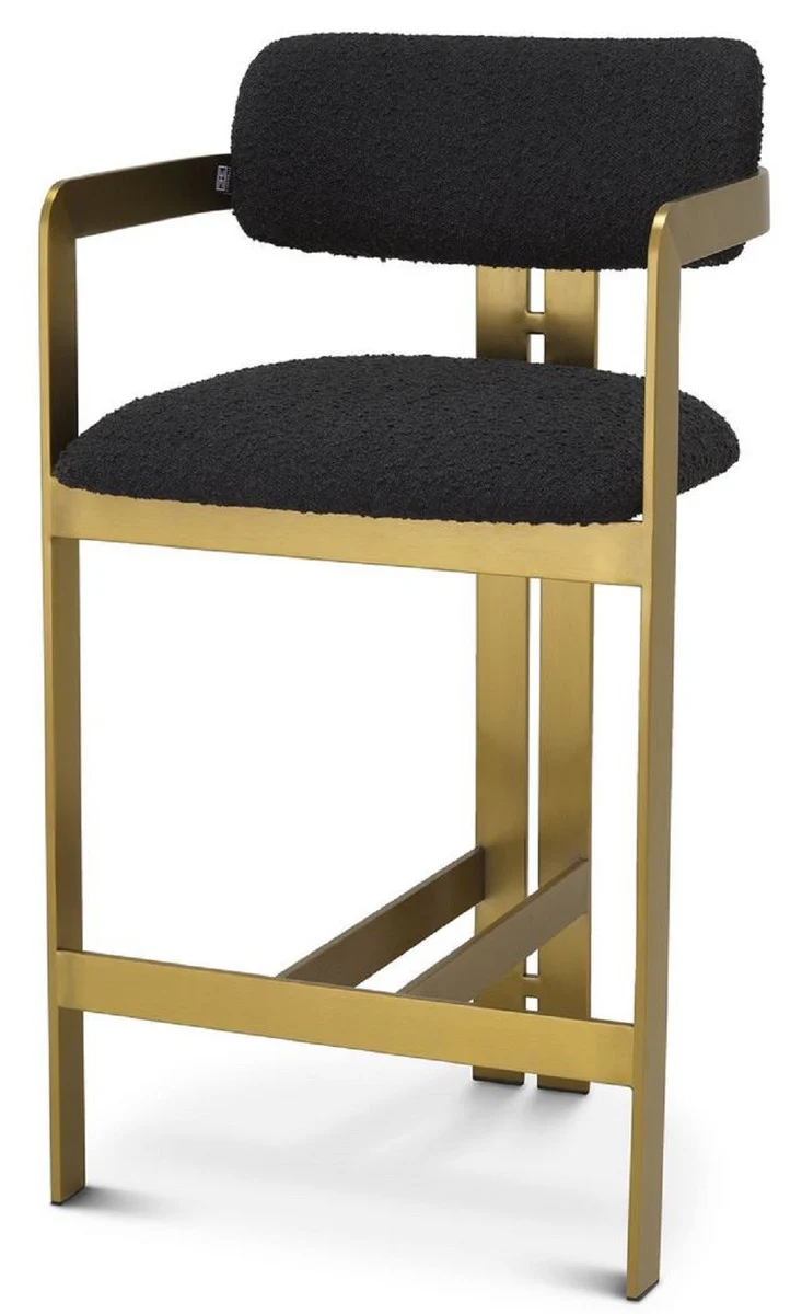 Luxus Barstuhl Schwarz / Messing 53 x 44,5 x H. 97 cm - Gepolsterter Edelstahl Barhocker - Luxus Barmöbel