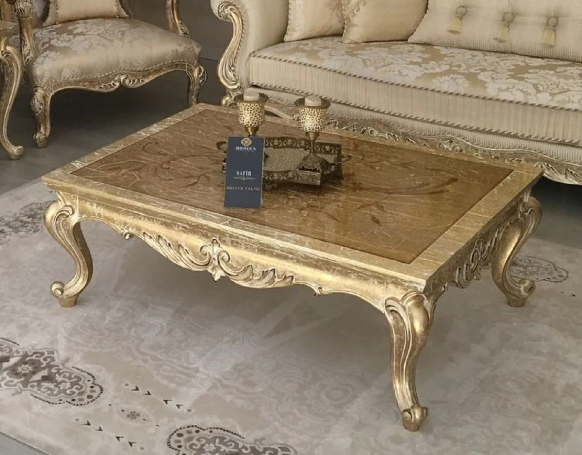 Luxus Barock Couchtisch Antik Gold - Handgefertigter Massivholz Tisch im Barockstil - Barock Wohnzimmer Möbel - Edel & Prunkvoll