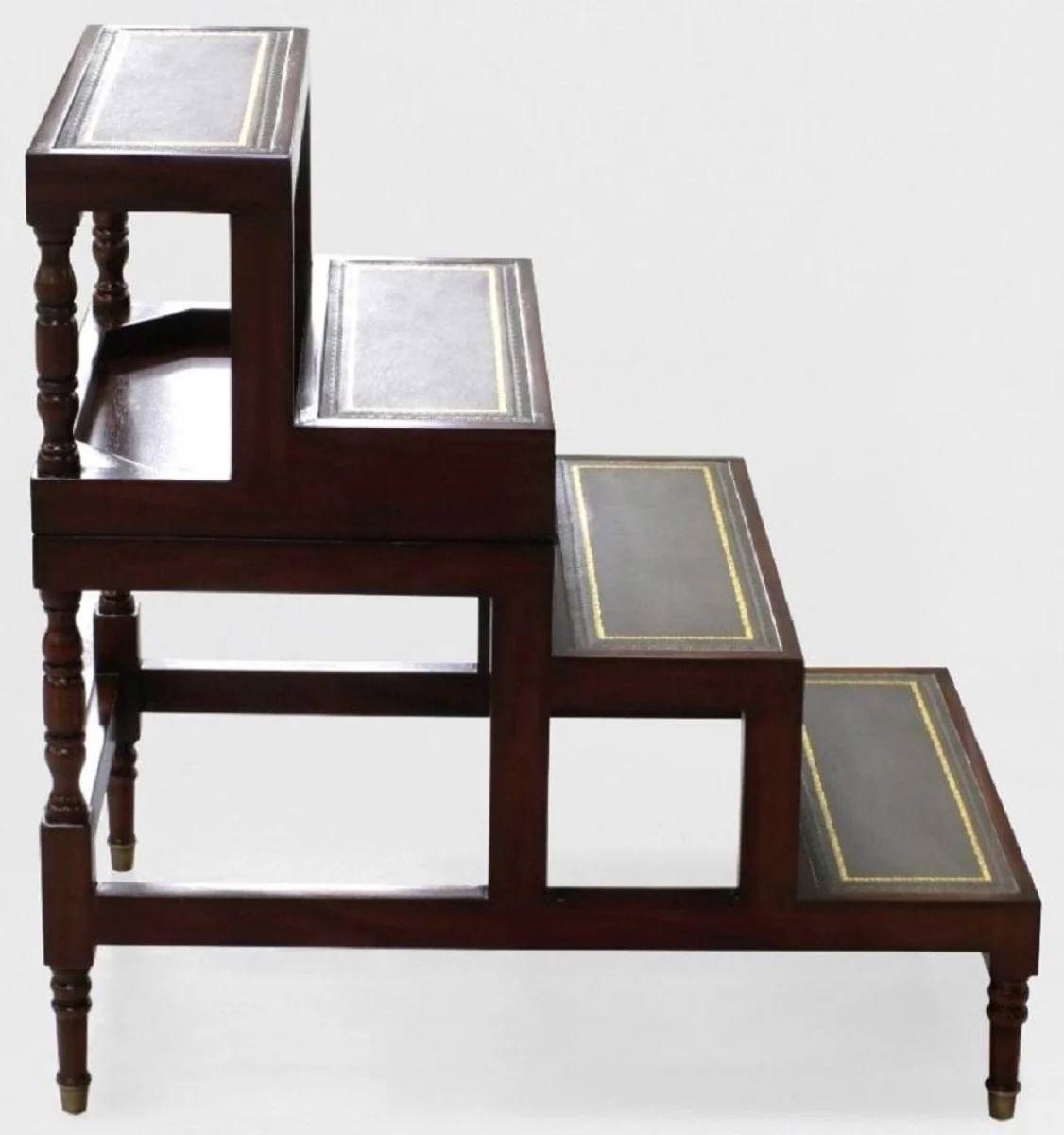 Luxus Jugendstil Couchtisch Dunkelbraun / Grün / Gold - Ausklappbare Massivholz Bibliothekstreppe mit Echtleder - Jugendstil Wohnzimmer Möbel - Edel & Prunkvoll