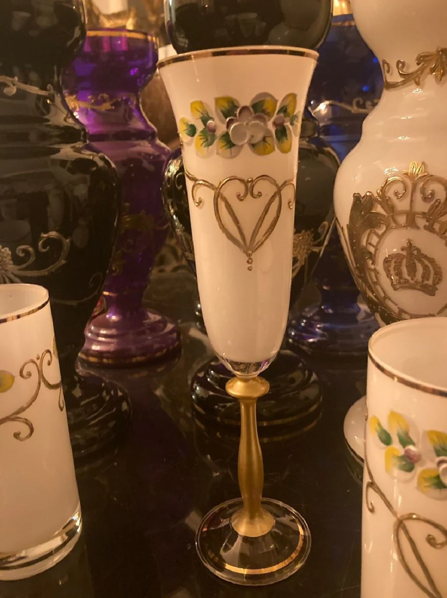 Luxus Jugendstil Champagnerglas 6er Set Weiß / Mehrfarbig / Gold - Handgefertigte und handgravierte Champagnergläser mit 24 Karat Vergoldung - Hotel & Restaurant Accessoires