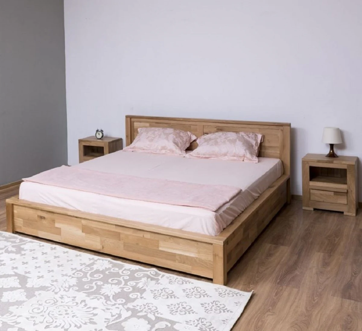 Landhausstil Massivholz Schlafzimmer Set Naturfarben - 1 Doppelbett & 2 Nachttische - Landhausstil Schlafzimmer Möbel