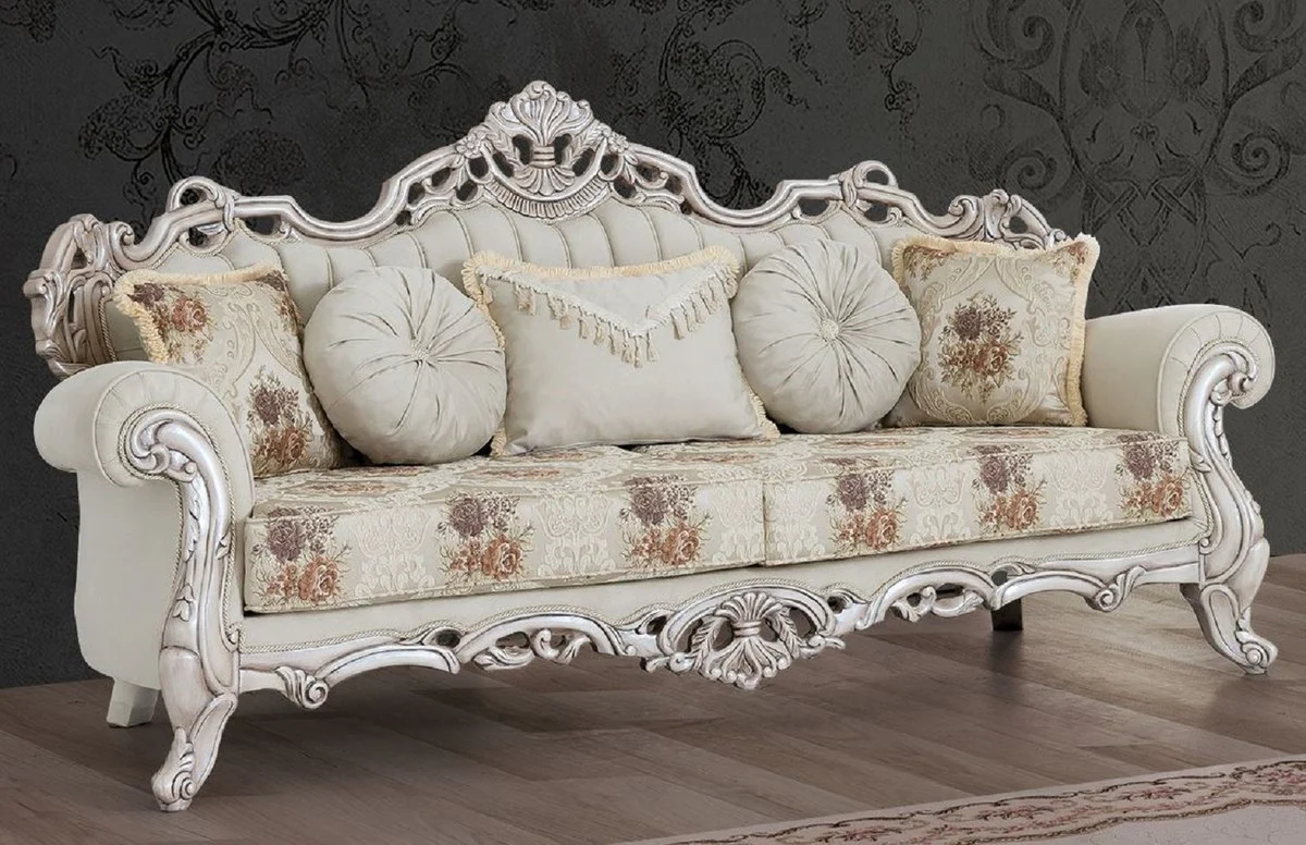 Luxus Barock Sofa Cremefarben / Beige / Mehrfarbig / Antik Weiß - Prunkvolles Wohnzimmer Sofa mit elegantem Muster - Barock Wohnzimmer Möbel