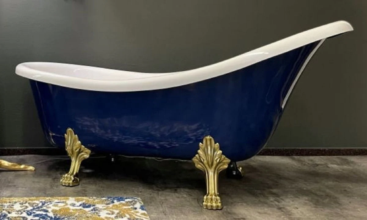 Luxus Jugendstil Badewanne Saphirblau / Weiß / Gold 174 x 83 x H. 81 cm - Freistehende Retro Badewanne mit Löwenfüßen - Retro Badezimmer Möbel