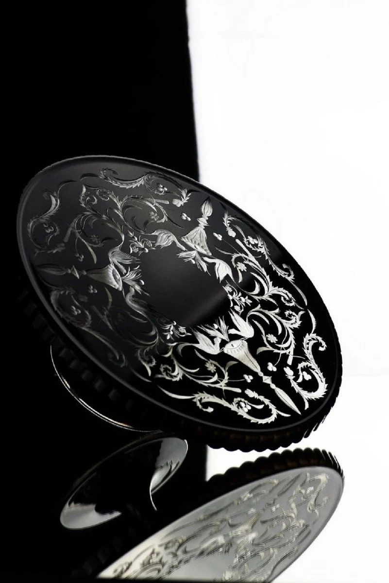 Luxus Kuchenteller Schwarz / Silber Ø 32 x H. 12 cm - Handgefertigte und handgravierte Glas Kuchenplatte - Hotel & Restaurant Accessoires - Luxus Qualität