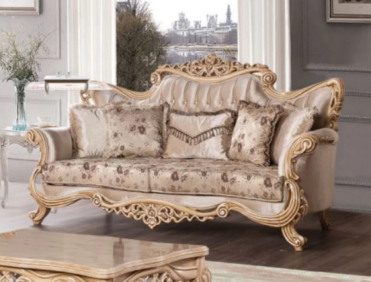 Luxus Barock Sofa Beige / Braun / Naturfarben - Prunkvolles Wohnzimmer Sofa mit elegantem Muster - Barock Möbel - Edel & Prunkvoll