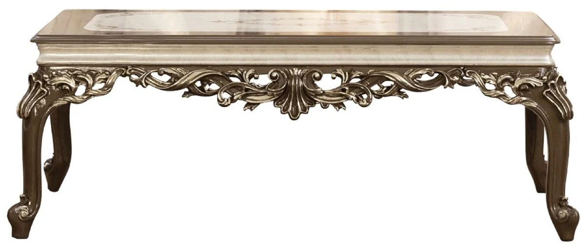 Luxus Barock Couchtisch Braun / Cremefarben / Gold - Handgefertigter Massivholz Wohnzimmertisch - Barock Wohnzimmer Möbel - Edel & Prunkvoll