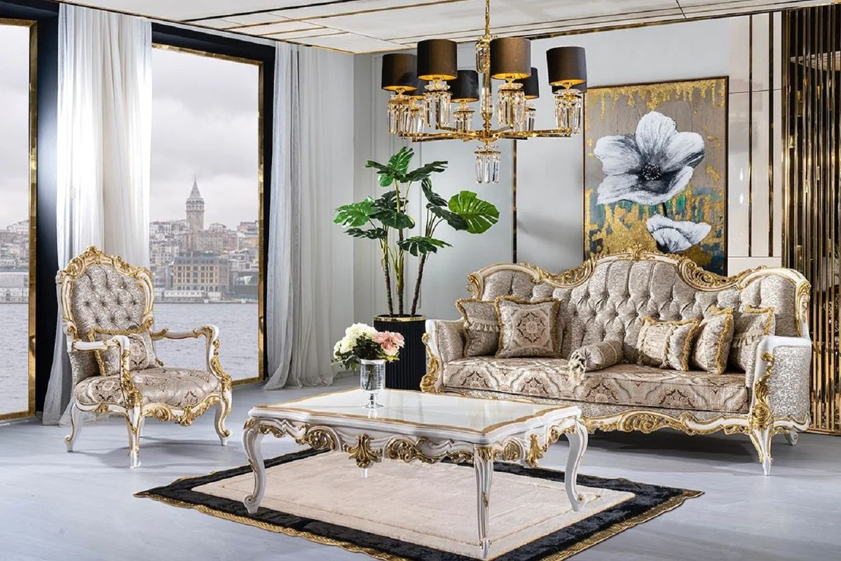 Luxus Barock Wohnzimmer Set Silber / Beige / Schwarz / Weiß / Gold - 2 Barock Sofas & 2 Barock Sessel & 1 Barock Couchtisch - Luxus Wohnzimmer Möbel im Barockstil - Barock Möbel