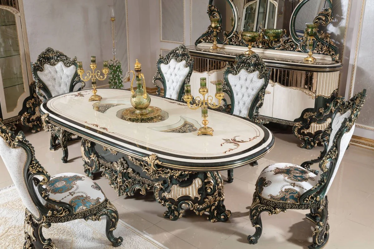 Luxus Barock Esszimmer Set Weiß / Grün / Gold - 1 Barock Esstisch & 6 Barock Esszimmerstühle - Barock Esszimmer Möbel - Luxus Möbel im Barockstil - Edel & Prunkvoll - Luxus Qualität