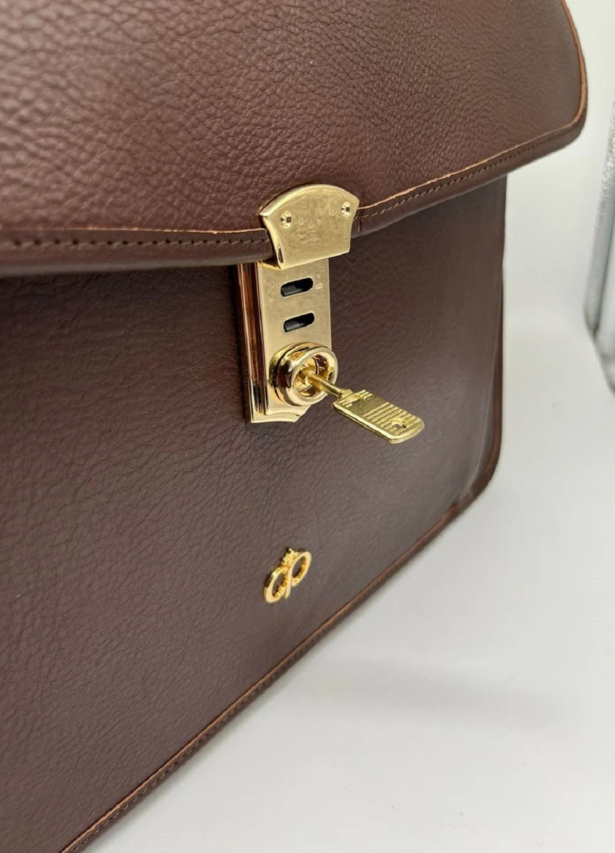 Luxus Echtleder Herren Aktentasche Dunkelbraun / Gold 42 cm - Made in Italy