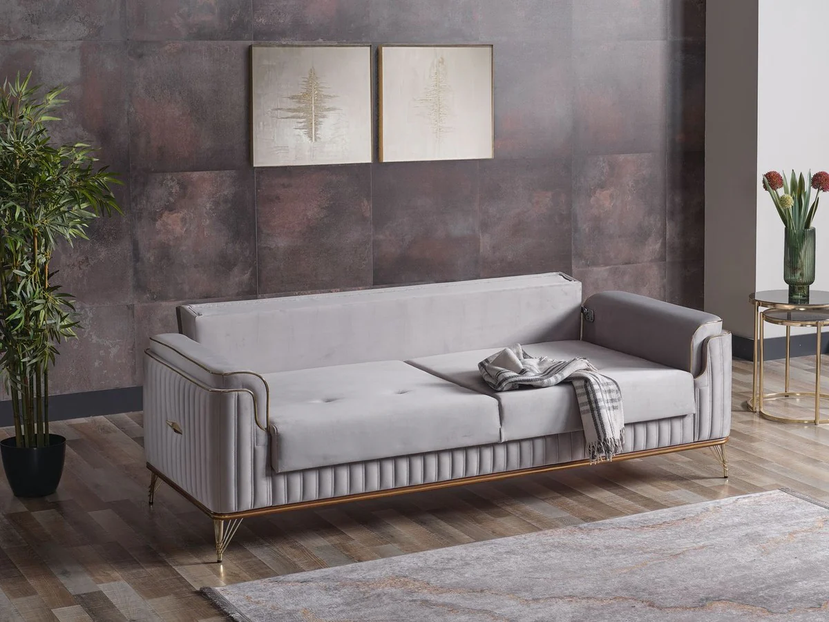 Luxus Schlafsofa Hellgrau / Braun / Gold 228 x 94 x H. 88 cm - Wohnzimmer Sofa mit 3 Kissen - Luxus Wohnzimmer Möbel