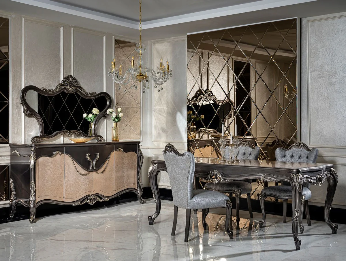Luxus Barock Esszimmer Set Hellblau / Dunkelgrau - 1 Esstisch & 6 Esszimmerstühle - Edle Esszimmer Möbel im Barockstil