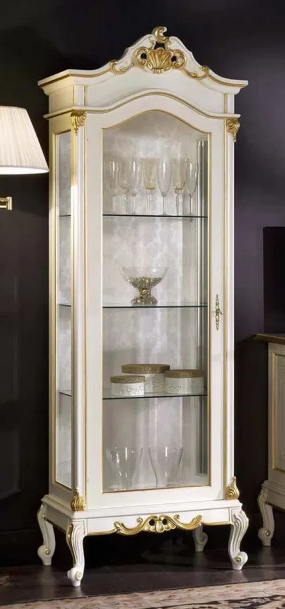 Luxus Barock Vitrine Weiß / Gold - Handgefertigter Massivholz Vitrinenschrank mit Glastür - Prunkvolle Barock Möbel - Luxus Qualität - Made in Italy