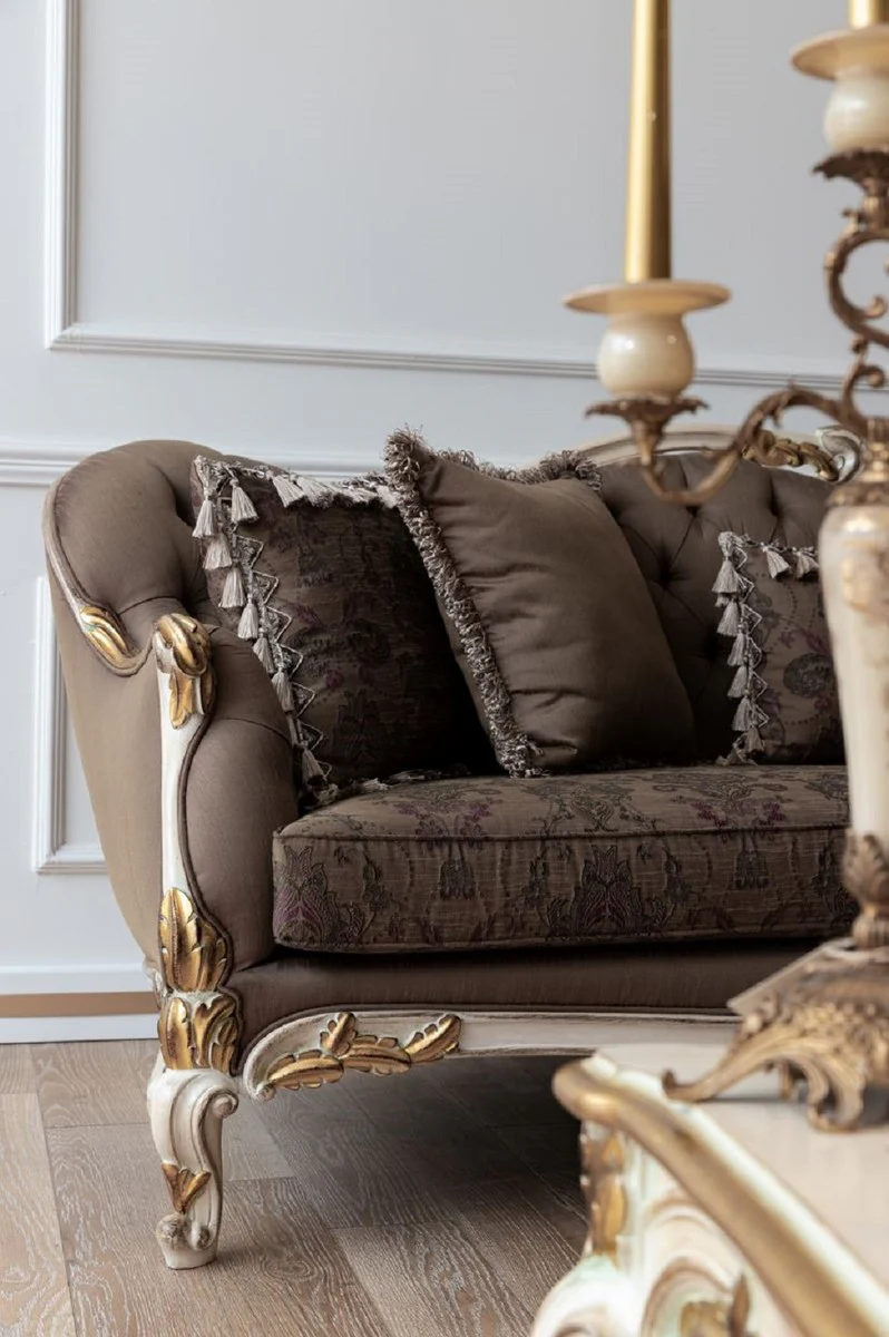 Luxus Barock Sofa Braun / Cremefarben / Weiß / Gold - Handgefertigtes Wohnzimmer Sofa - Barock Wohnzimmer Möbel