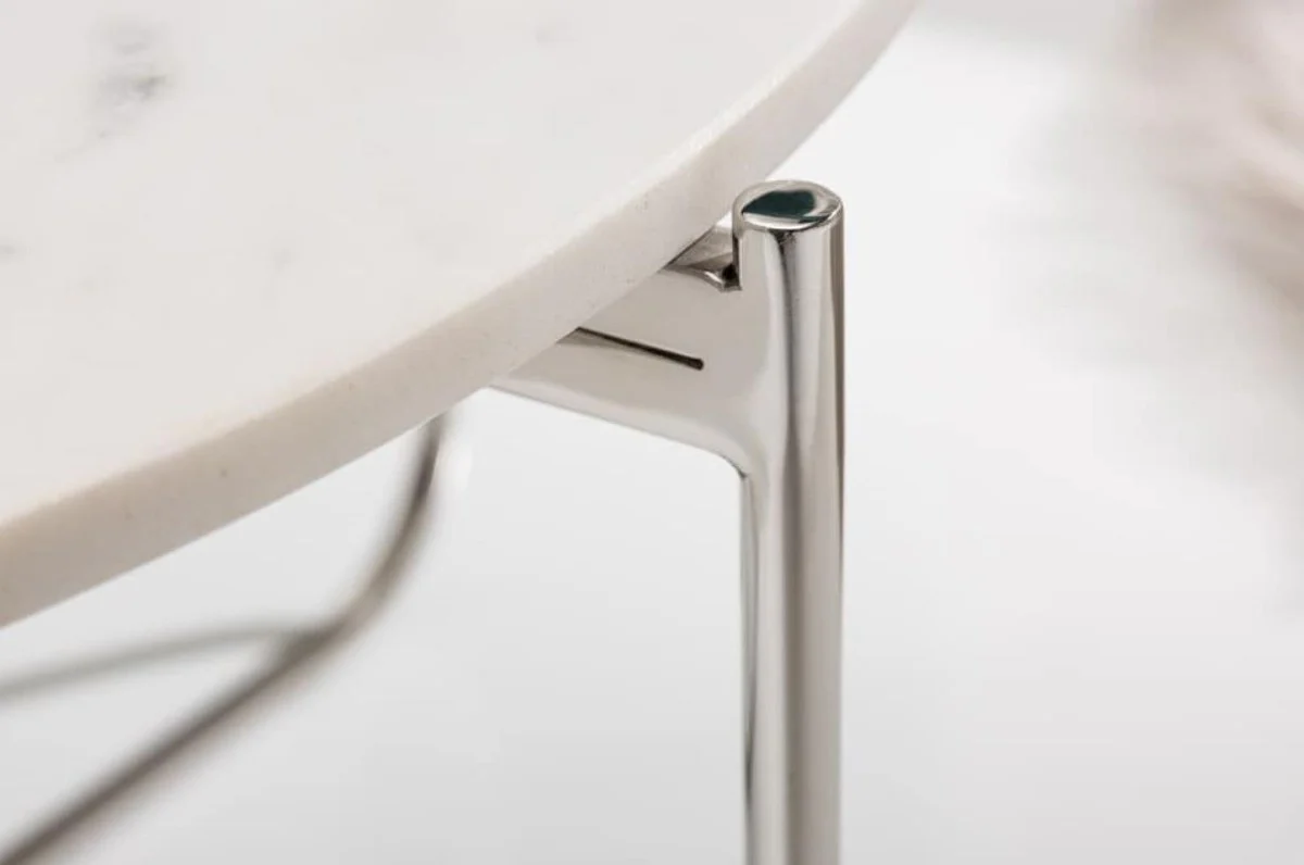 Couchtisch mit Marmorplatte Weiß / Silber Ø 62 cm - Wohnzimmer Möbel