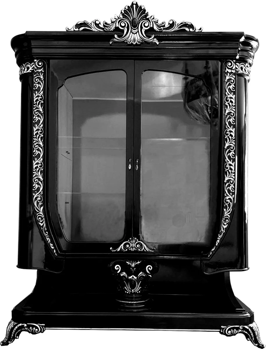 Luxus Barock Vitrine Schwarz / Silber - Handgefertigte Barock Möbel